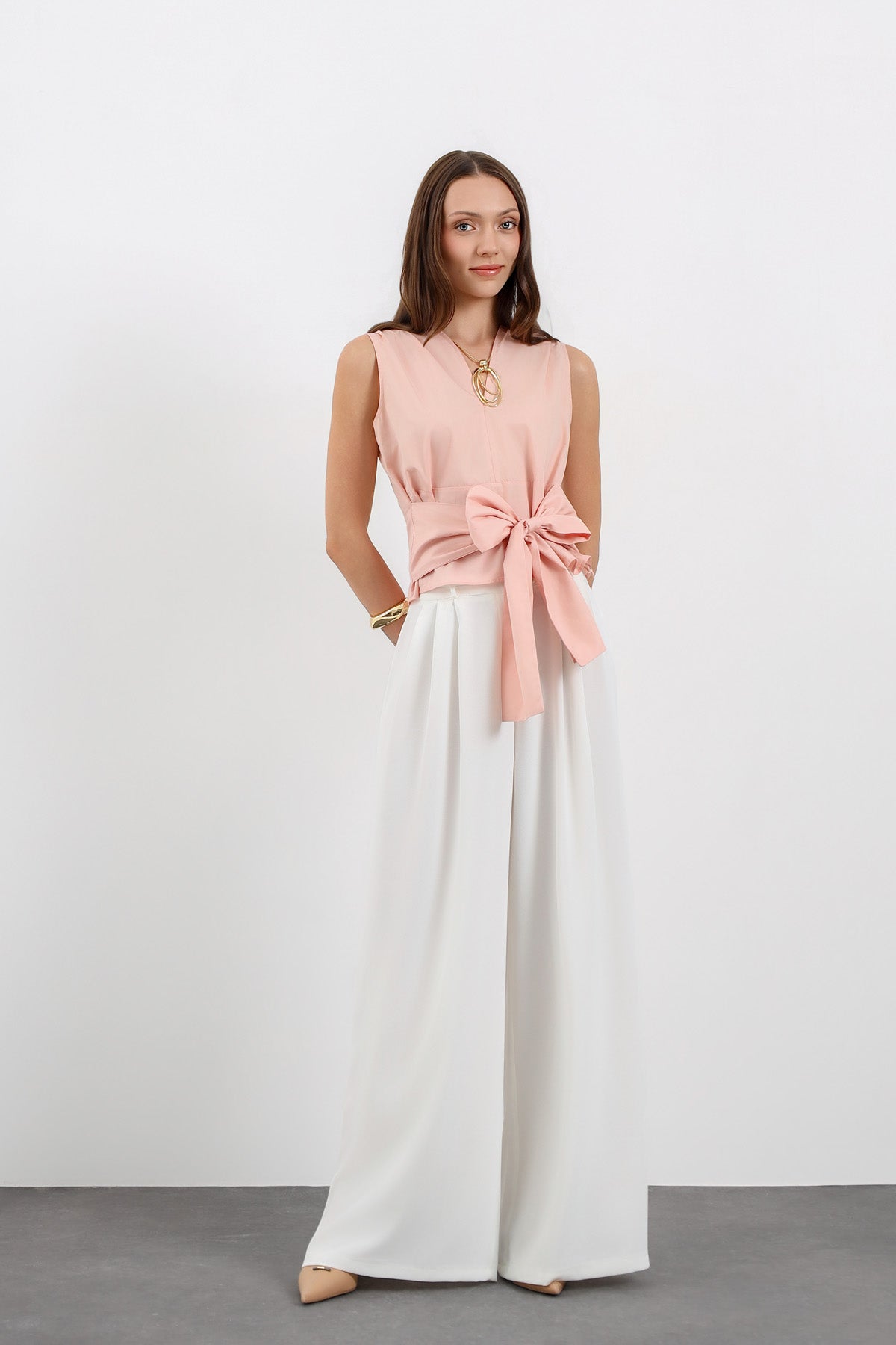 Elegance Kuşak Detaylı Pudra Bluz