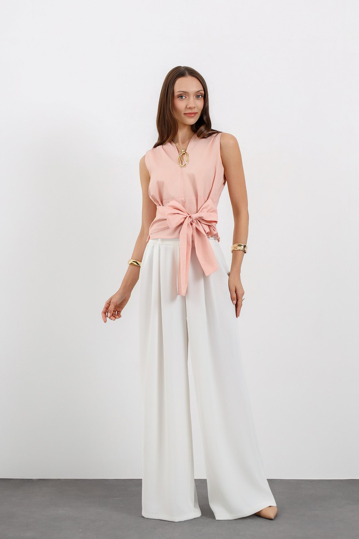 Elegance Kuşak Detaylı Pudra Bluz