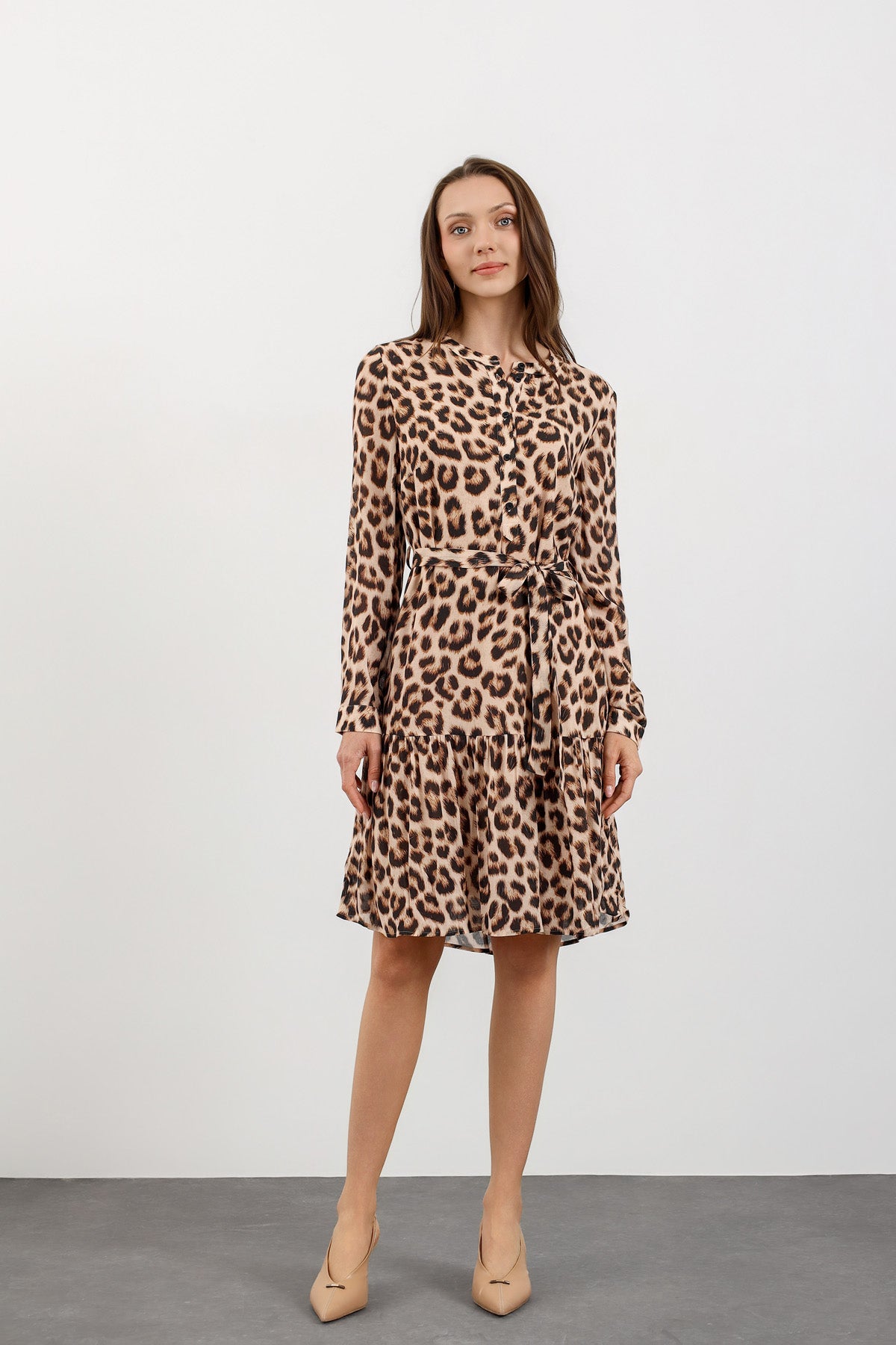 Leopar Desenli Kuşak Detaylı Elbise