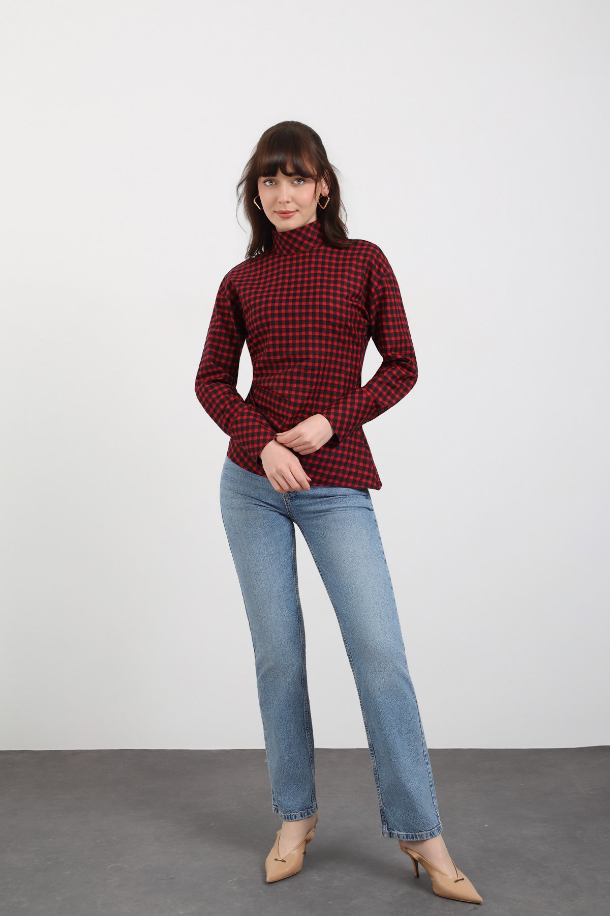 Kare Desenli Drape Detaylı Bluz