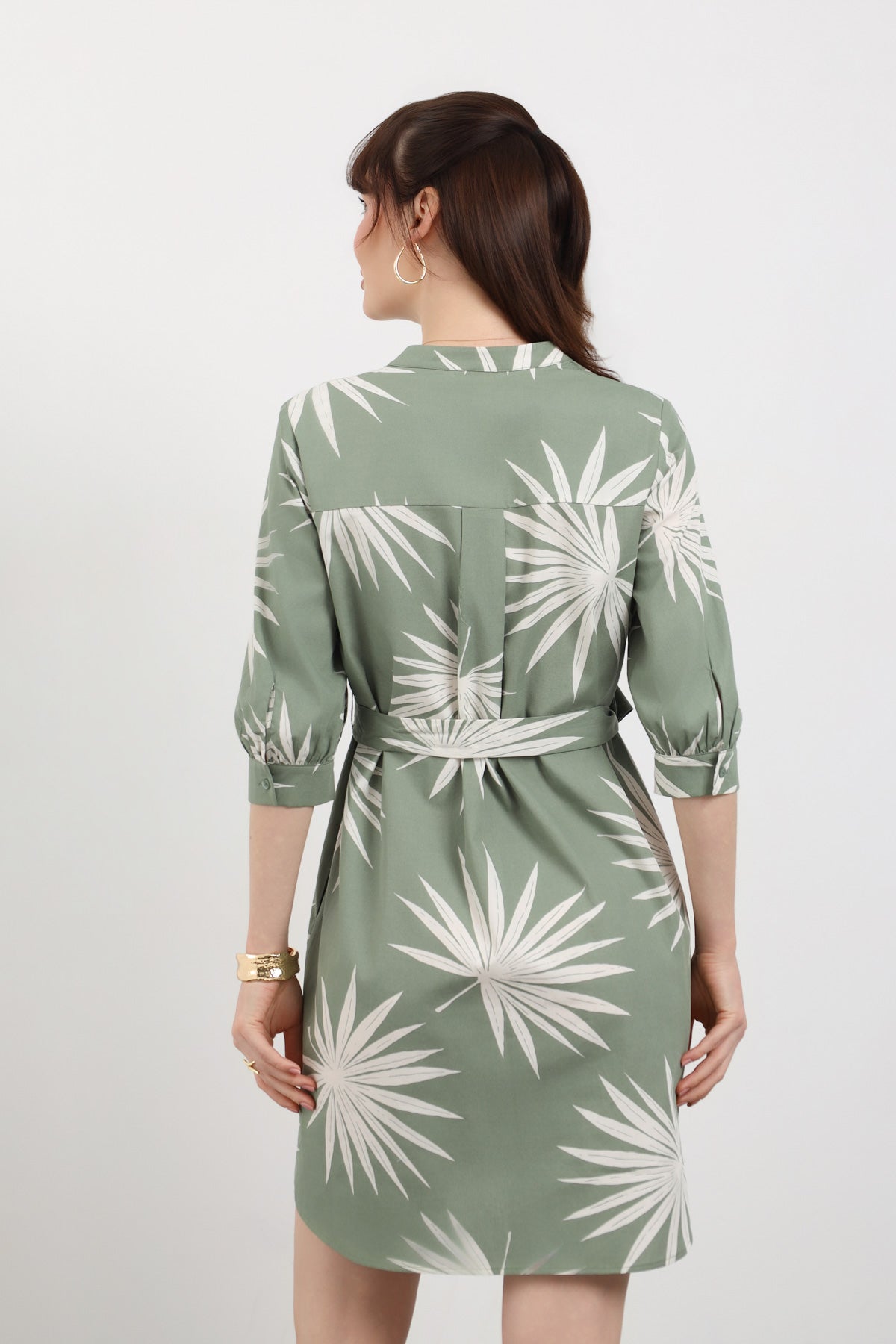 Yeşil Desenli Kuşak Detaylı Mini Cotton Elbise
