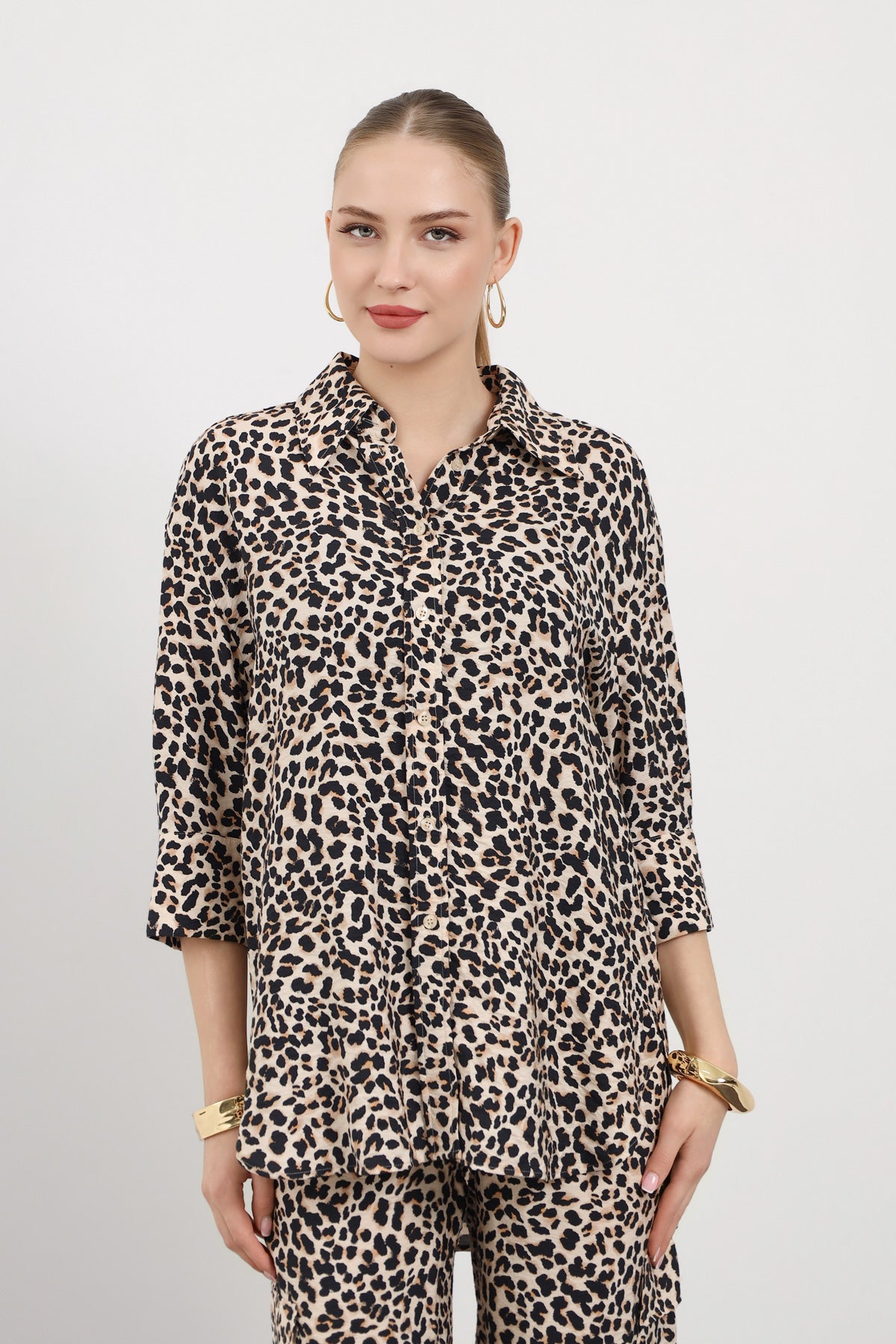 Leopar Desen Rahat Kesim Kadın Gömlek