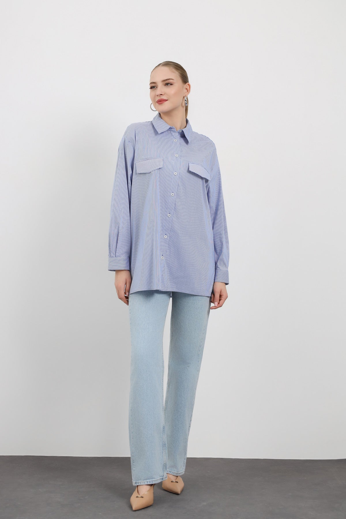 Cep Detaylı Çizgili Oversize Kadın Gömlek