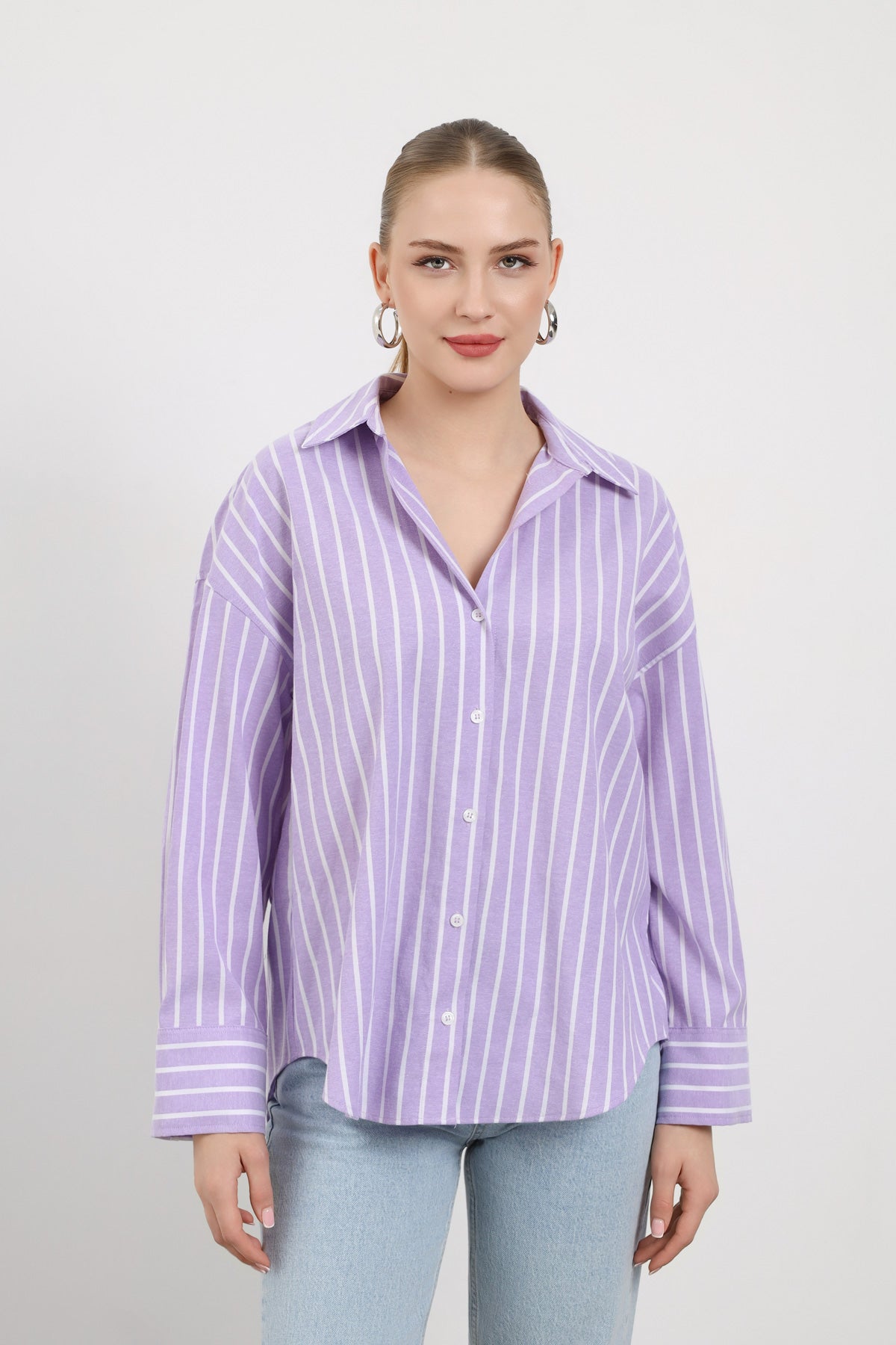 Çizgili Oversize Kadın Gömlek