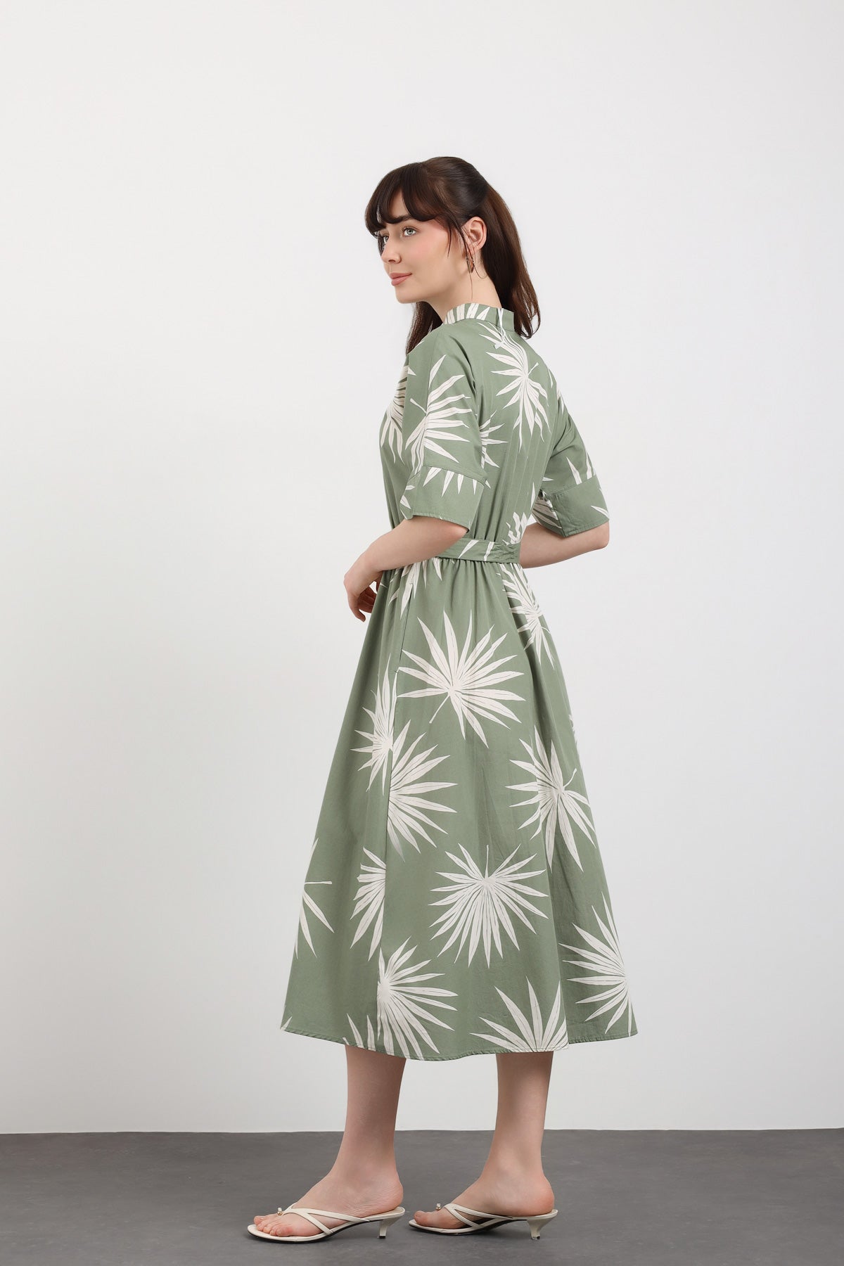 Yeşil Desenli Kuşak Detaylı Midi Cotton Elbise