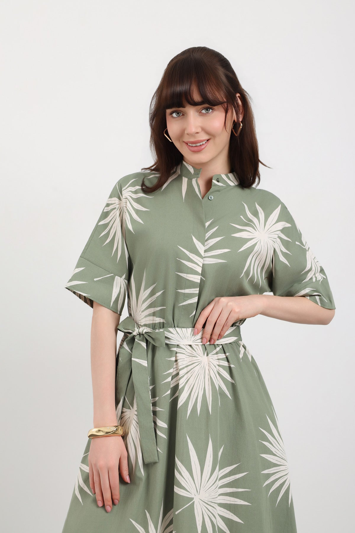 Yeşil Desenli Kuşak Detaylı Midi Cotton Elbise