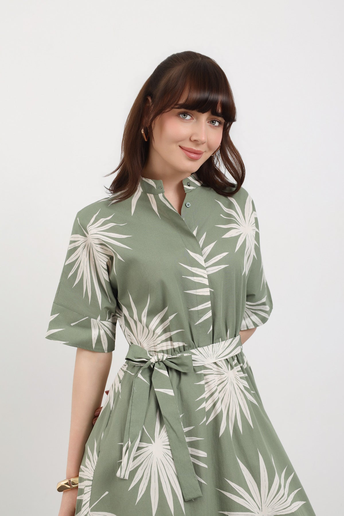 Yeşil Desenli Kuşak Detaylı Midi Cotton Elbise