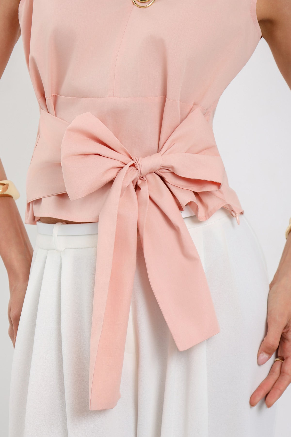 Elegance Kuşak Detaylı Pudra Bluz