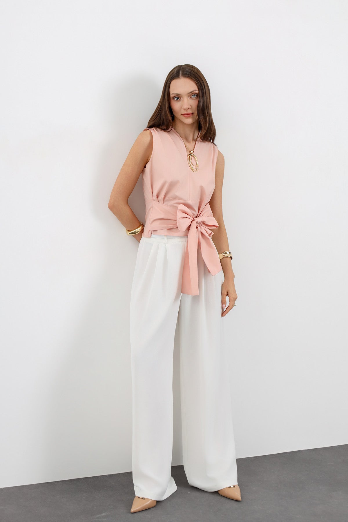 Elegance Kuşak Detaylı Pudra Bluz