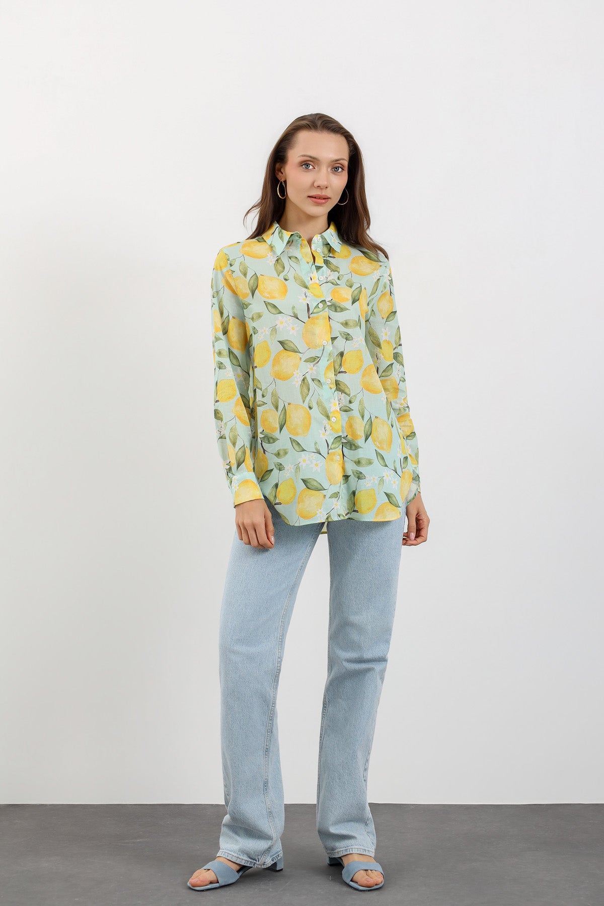 Mint Limon Desenli Oversize Gömlek