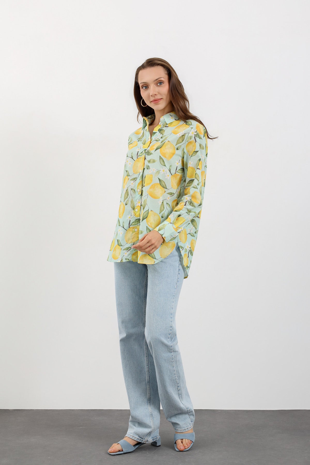 Mint Limon Desenli Oversize Gömlek