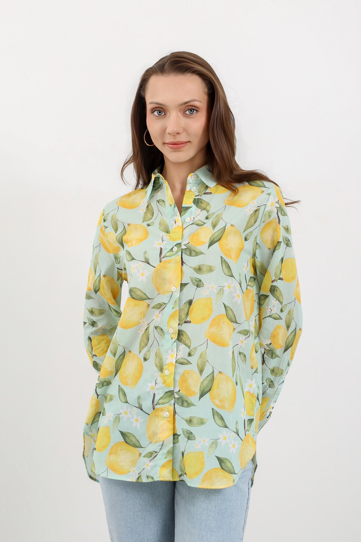 Mint Limon Desenli Oversize Gömlek