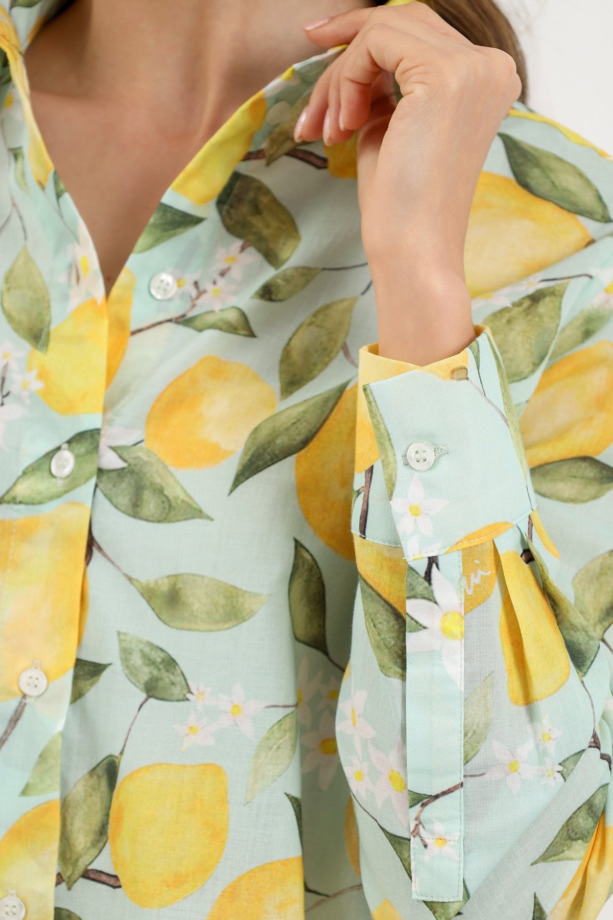 Mint Limon Desenli Oversize Gömlek