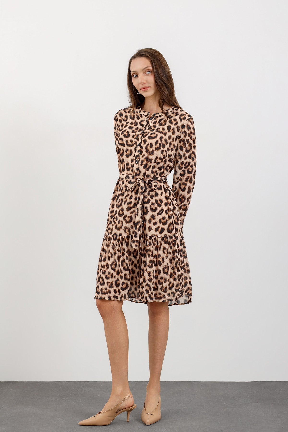 Leopar Desenli Kuşak Detaylı Elbise