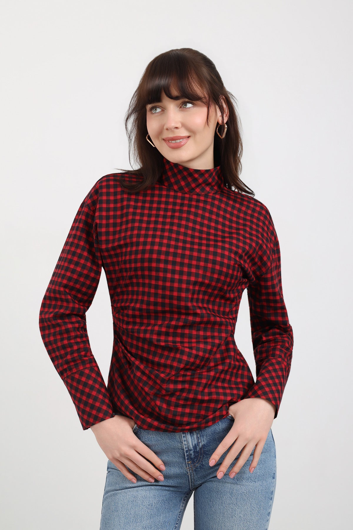 Kare Desenli Drape Detaylı Bluz