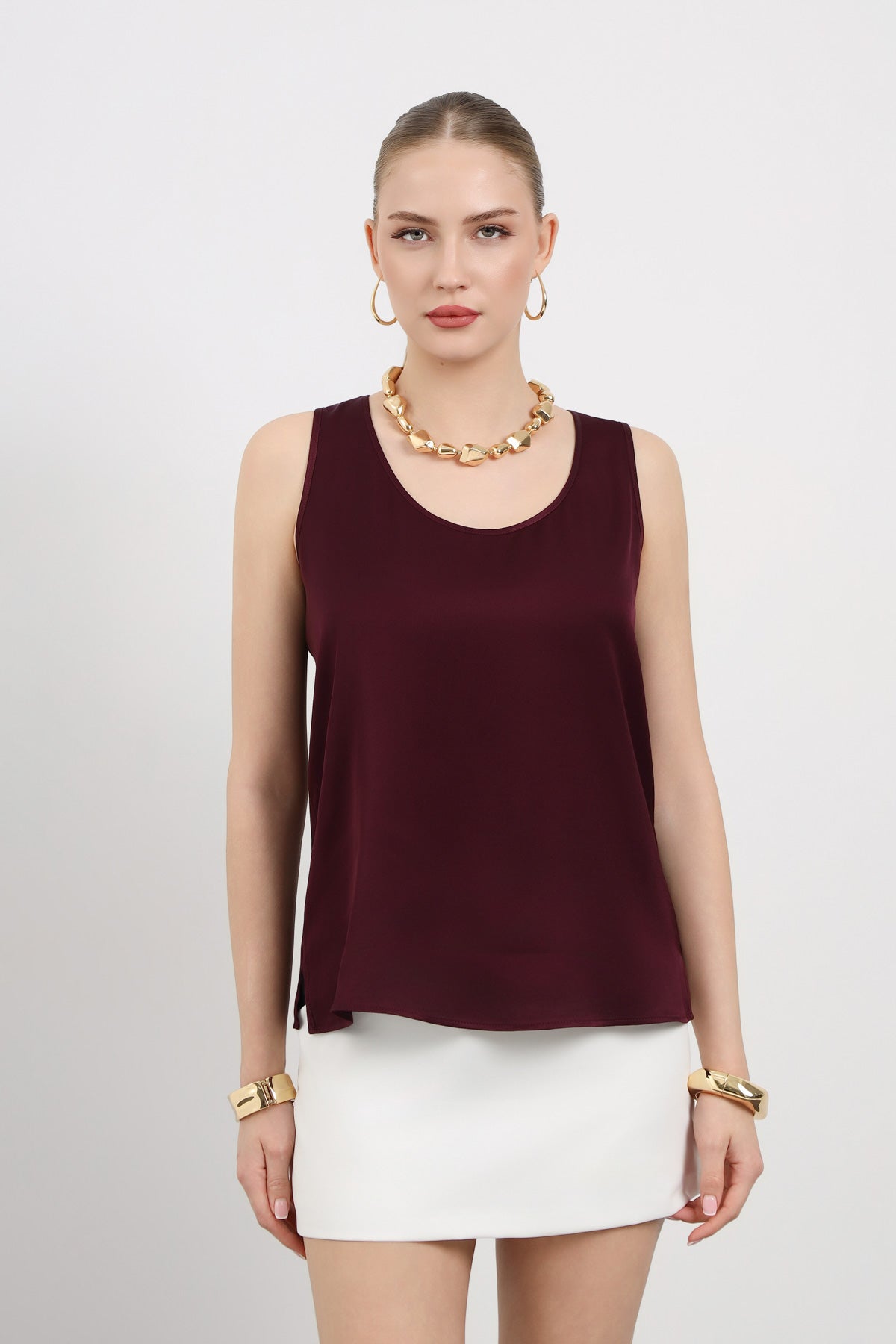 Bordo Askılı Minimal Bluz