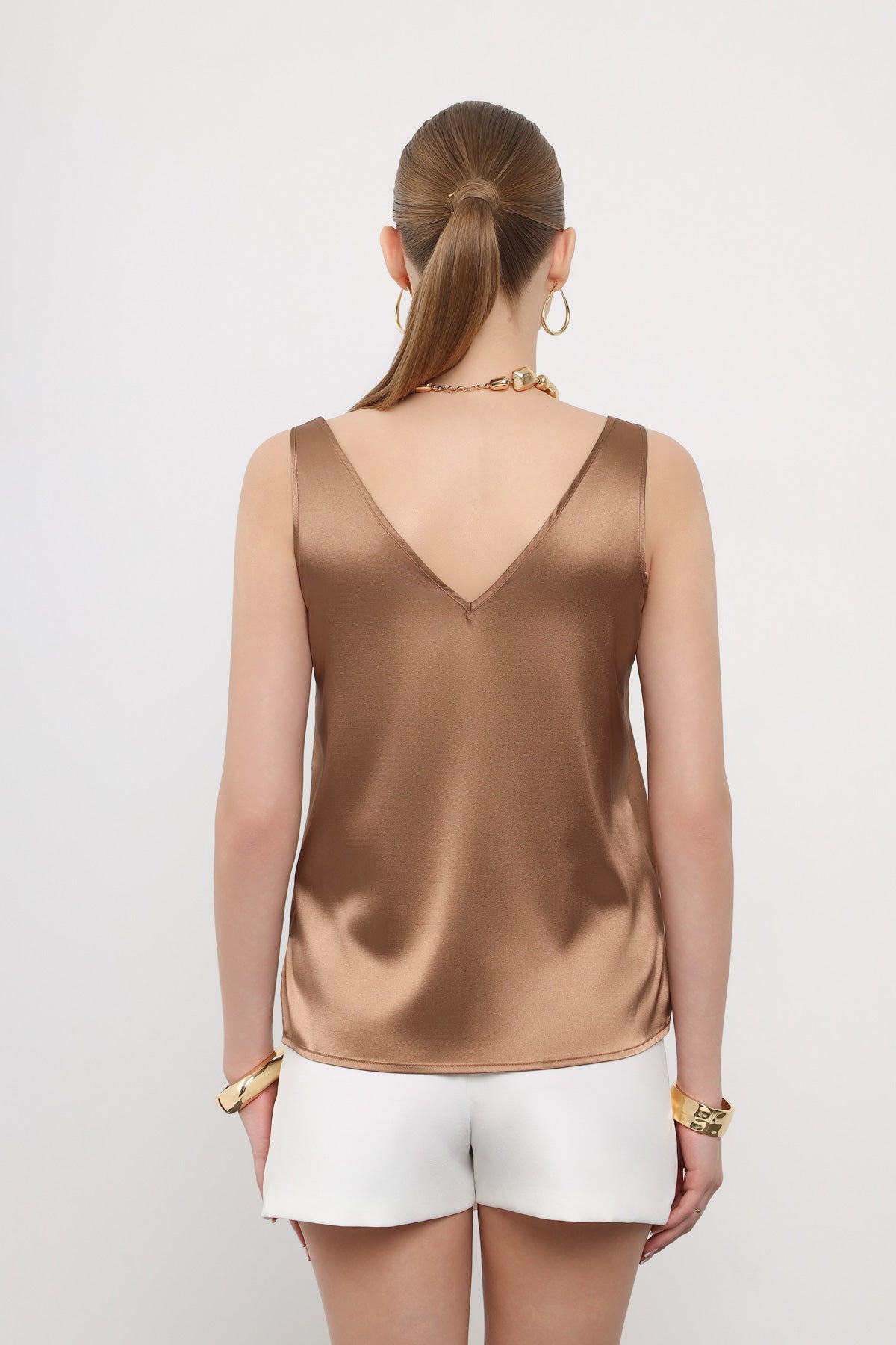 Camel Dantel Detaylı Saten Görünümlü Bluz