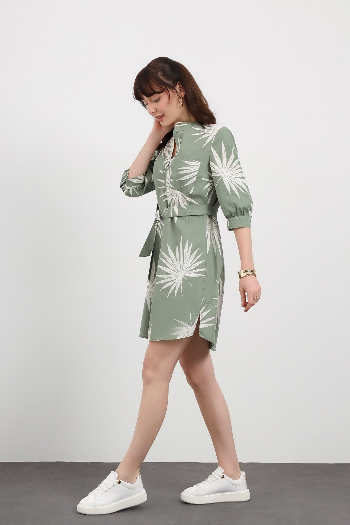 Yeşil Desenli Kuşak Detaylı Mini Cotton Elbise