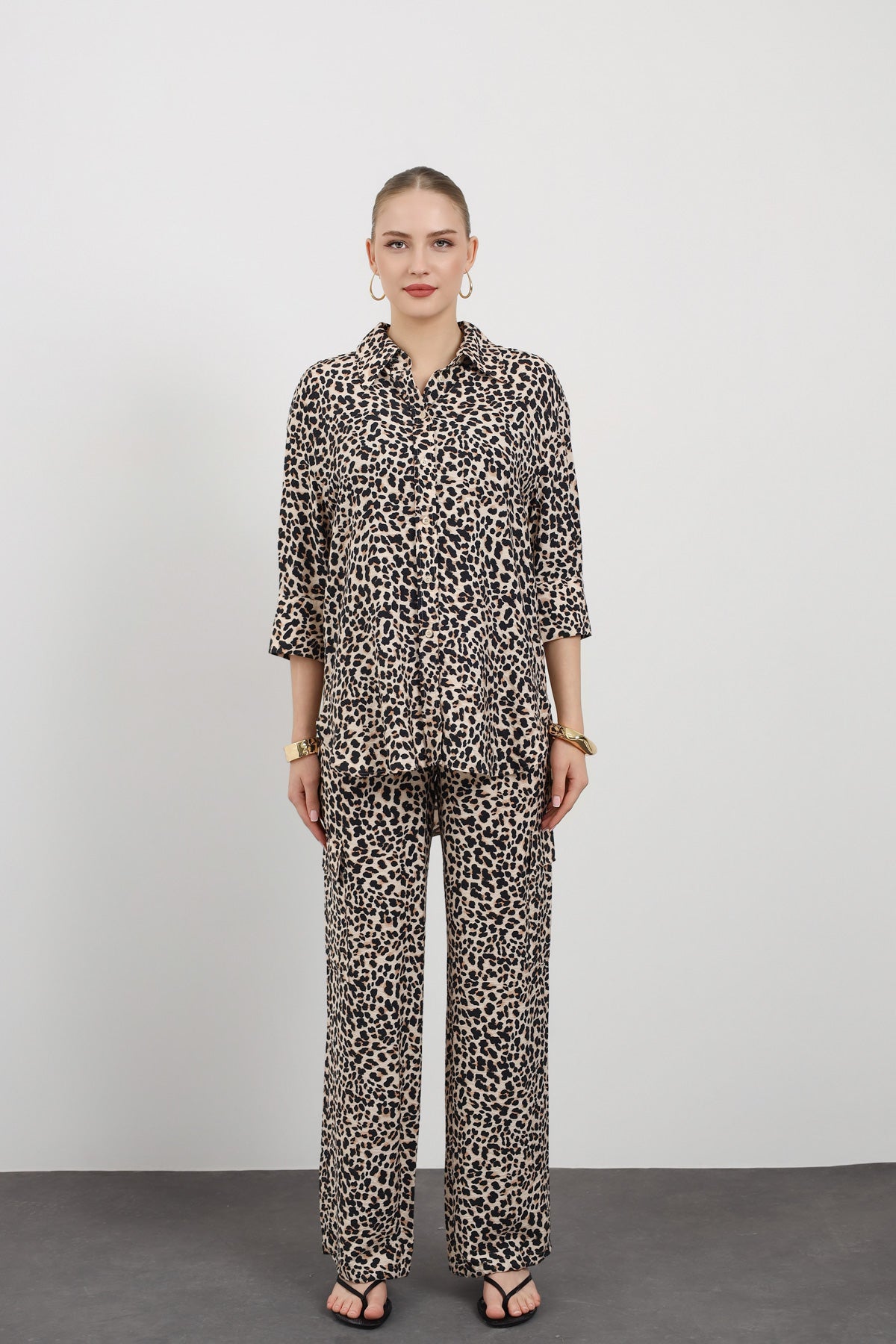 Leopar Desen Rahat Kesim Kadın Gömlek