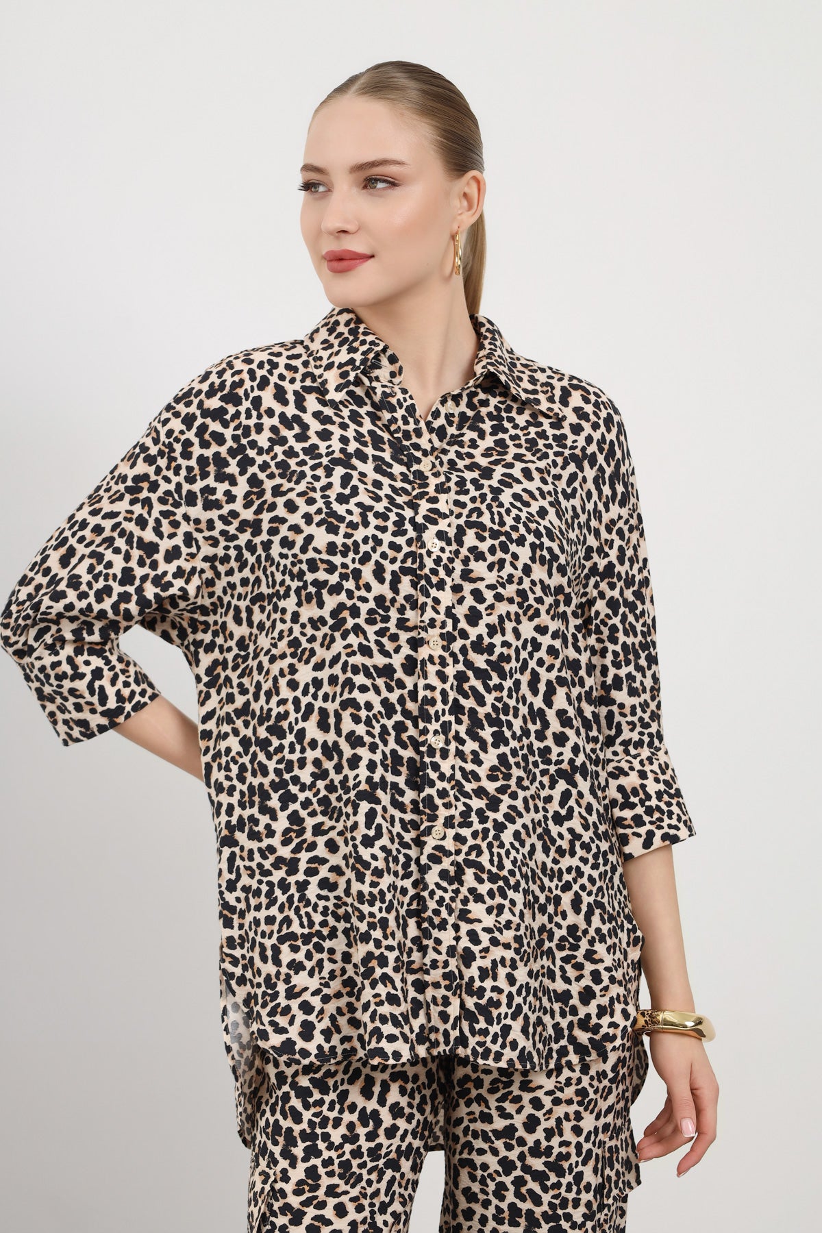 Leopar Desen Rahat Kesim Kadın Gömlek