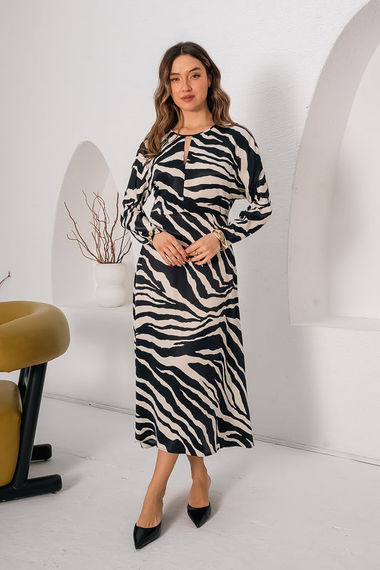 Zebra Desenli Uzun Kollu Midi Elbise